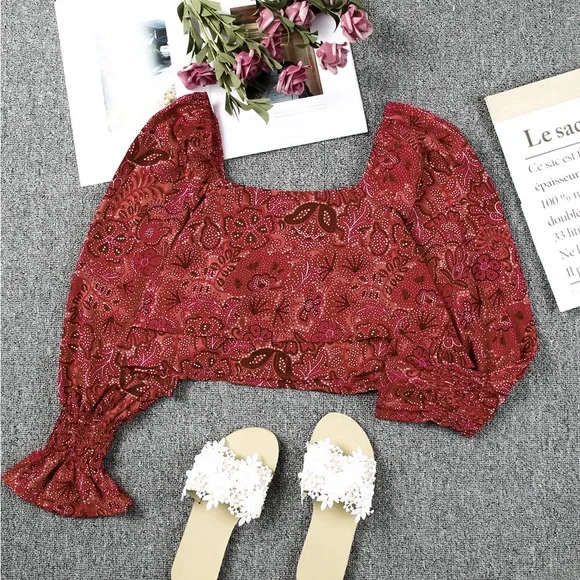 Square Neck Floral Bandana Crop Blouse Bohemian Top - Picture 13 of 15